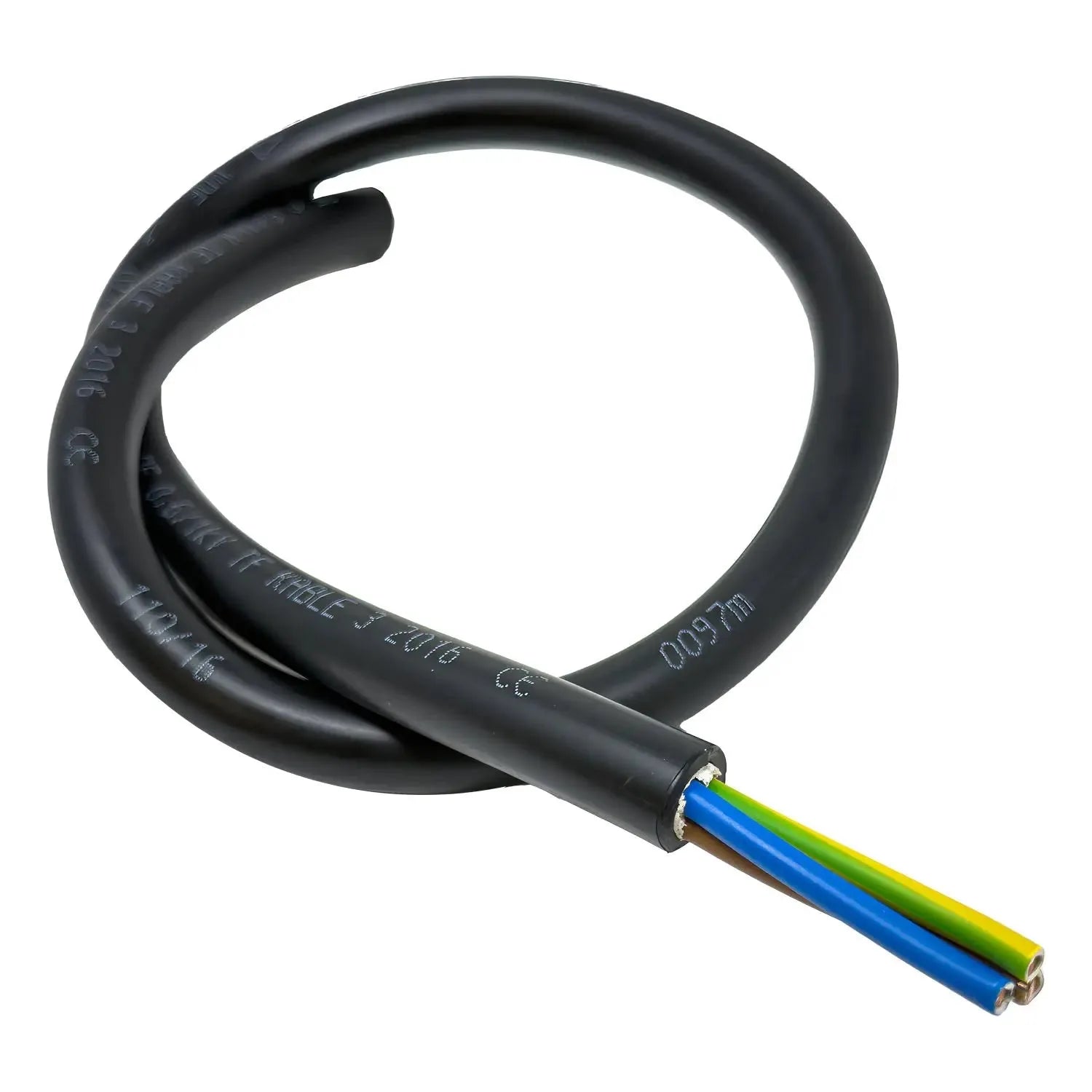 Coiled black power cable with blue, green, and yellow conductor wires visible at the cut end, showing product specifications 