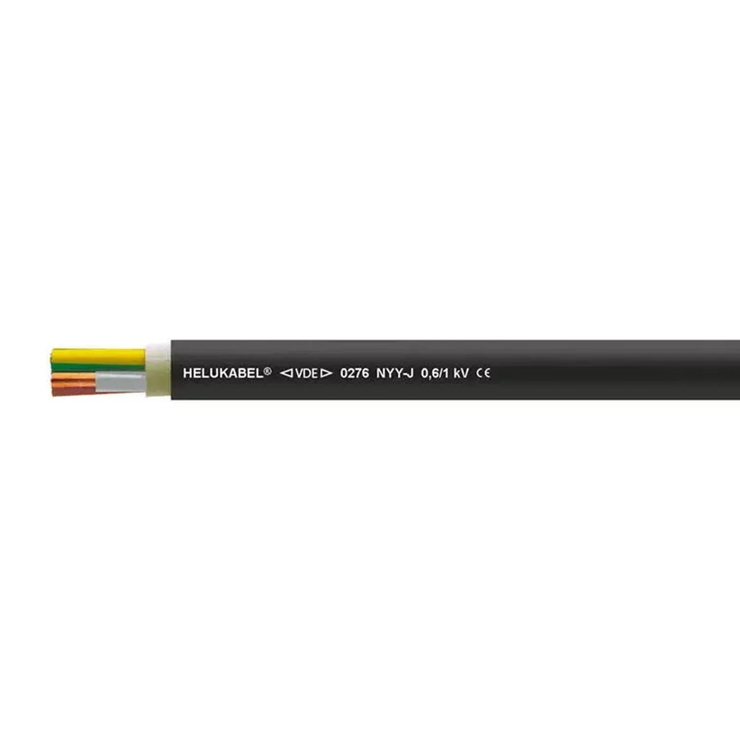 Helukabel NYY-J power cable with black sheath and exposed yellow, green, and copper conductors at end.