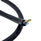 Close-up of three-core power cable with black outer sheath and exposed conductors showing green-yellow, brown, and blue wires