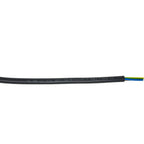 Black NYY-J power cable with three colored conductors visible at end, printed specifications on sheath.