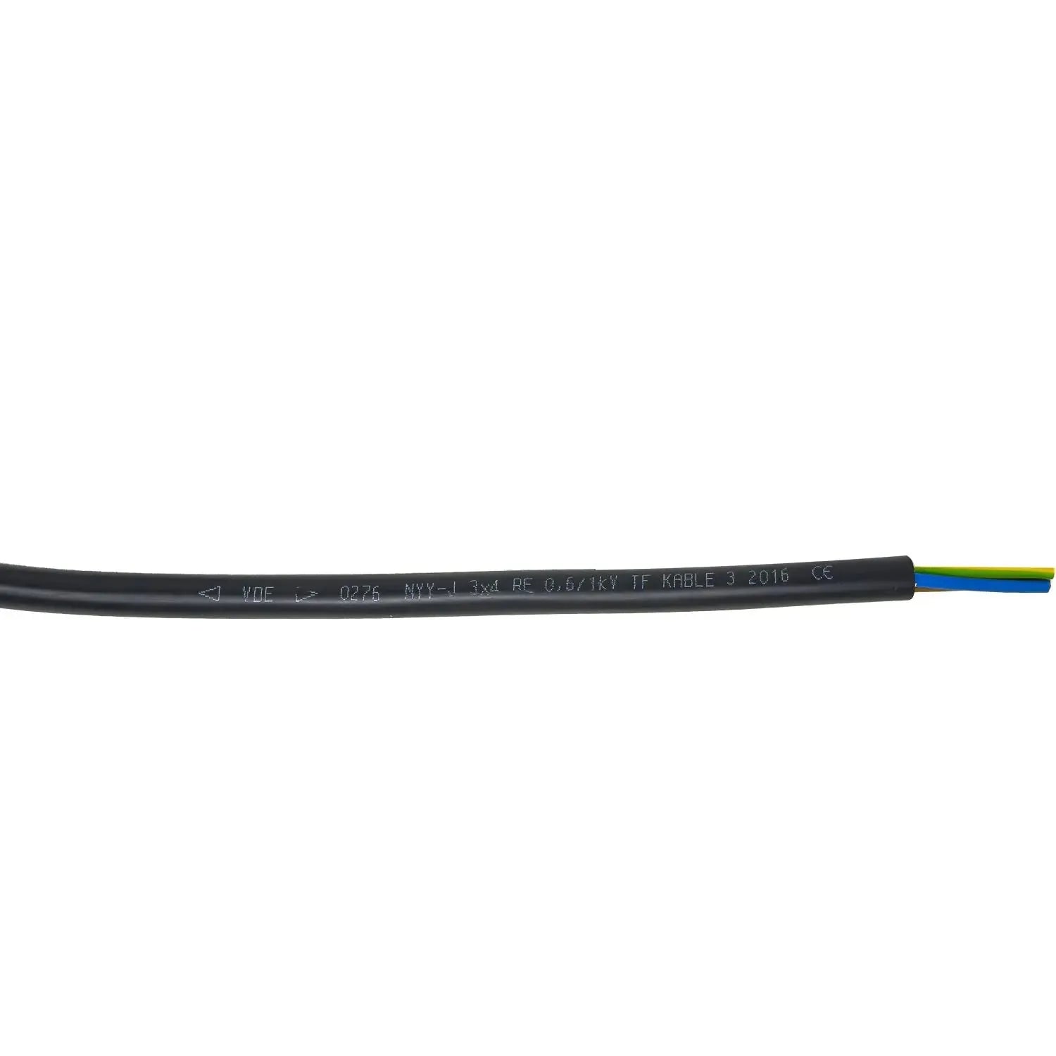 Black NYY-J power cable with three colored conductors visible at end, printed specifications on sheath.