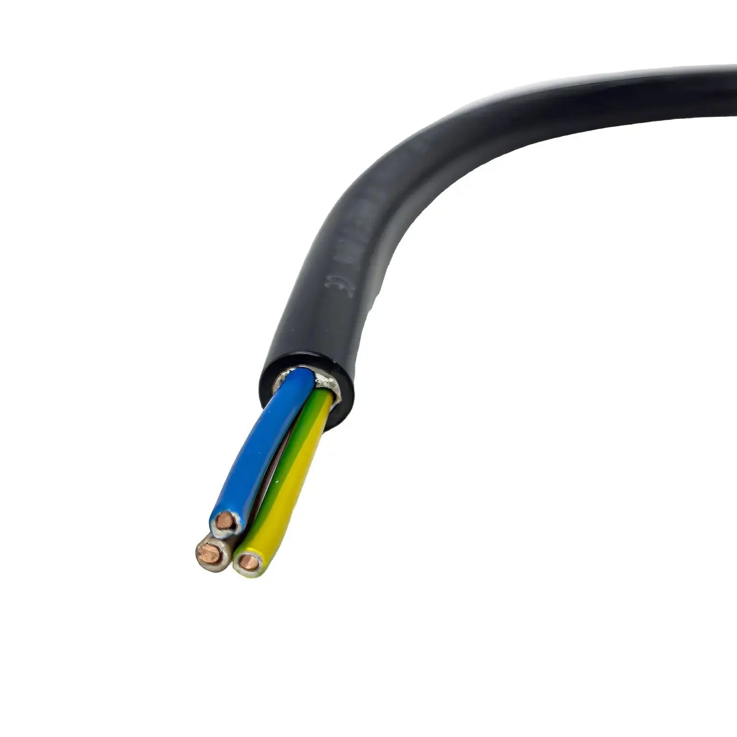 Closeup of three-core electrical cable with blue, green-yellow, and copper conductors exposed at cut end, black outer sheath 