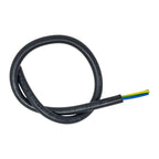 Black power cable coiled with three exposed colored wires at the end, showing printed specifications and certification markin
