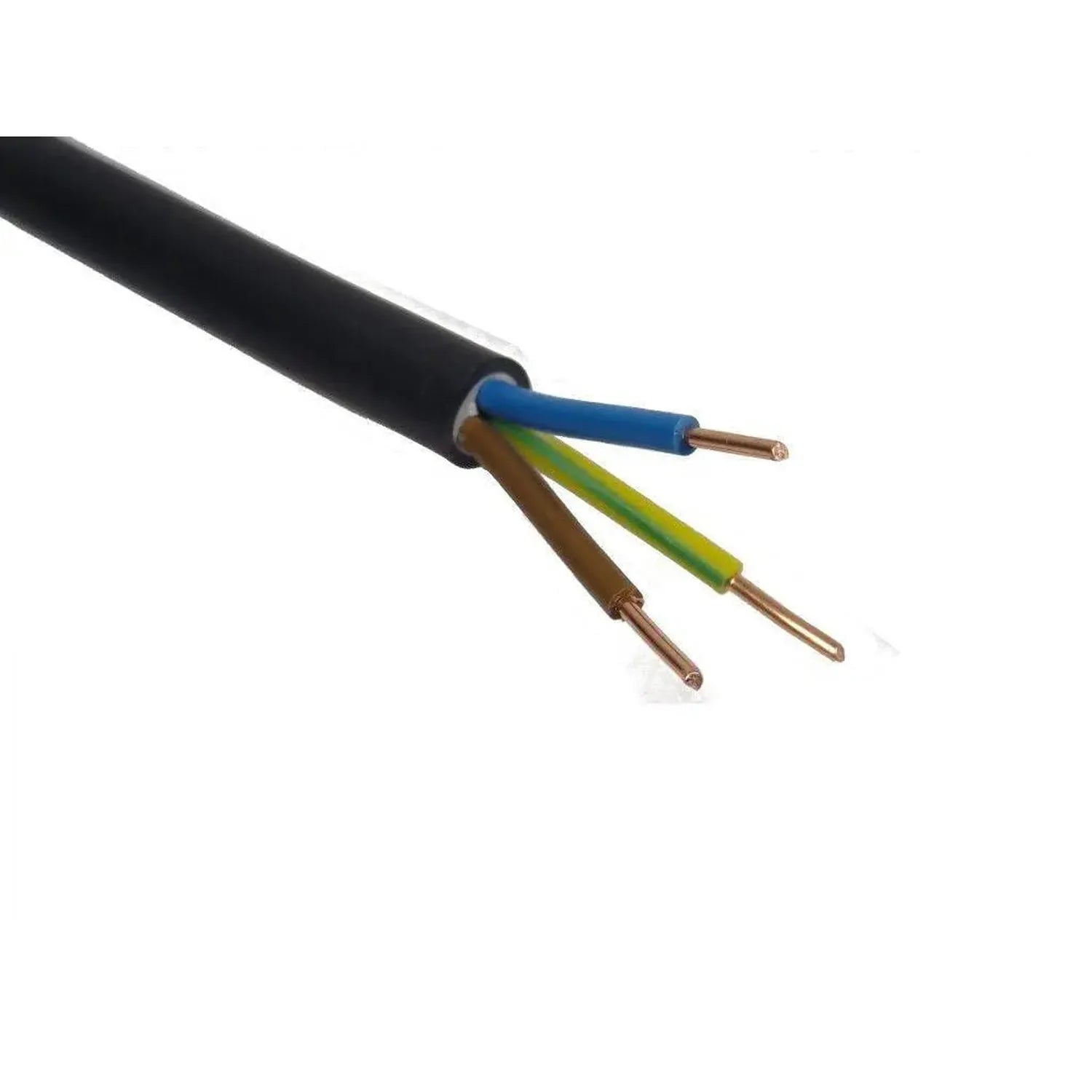 Close-up of three-core electrical cable with black outer sheath and blue, brown, and green-yellow copper conductors exposed a