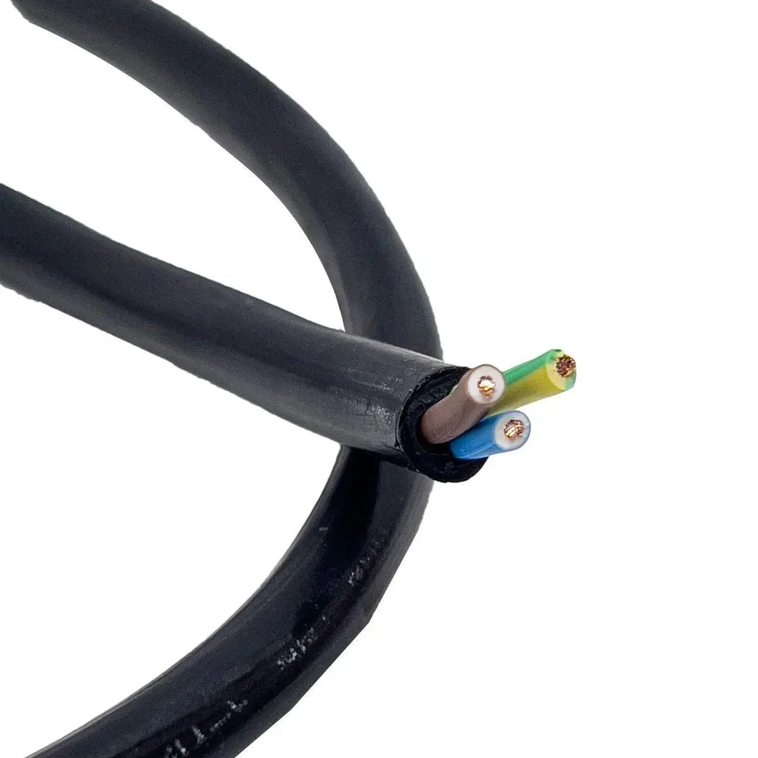 Black three-core electrical cable with exposed copper conductors colored green-yellow, brown, and blue at the cut end.