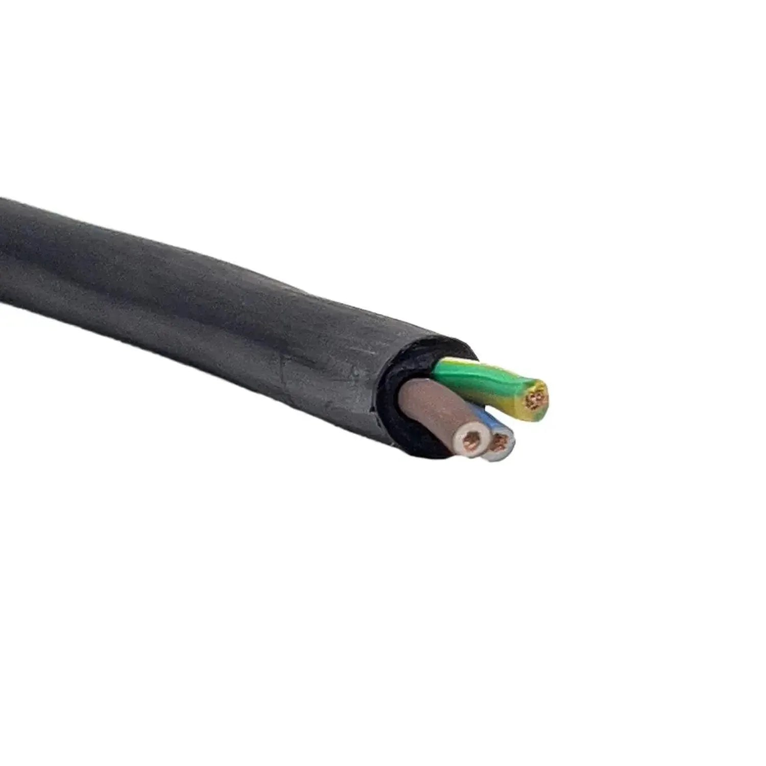 Black 3-core electrical cable with green and yellow striped, blue, and brown conductor wires exposed at the end.