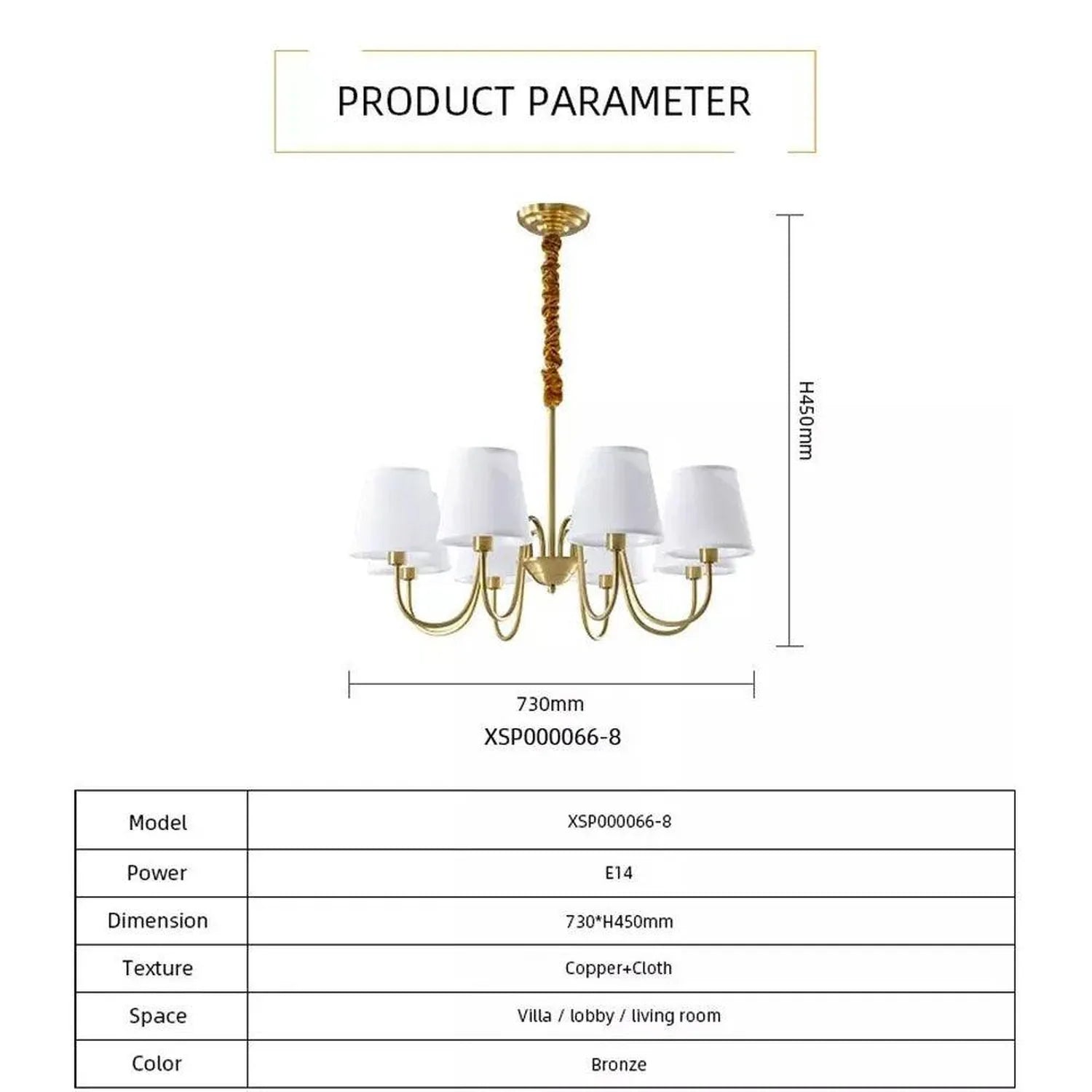 Aurelia Gold 8 Light Chandelier dimension diagram showing 730mm width and 450mm height with product specifications table.