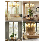 Four interior design scenes showcasing Aurelia Gold 8-light chandelier with cream shades in living rooms and entryways.