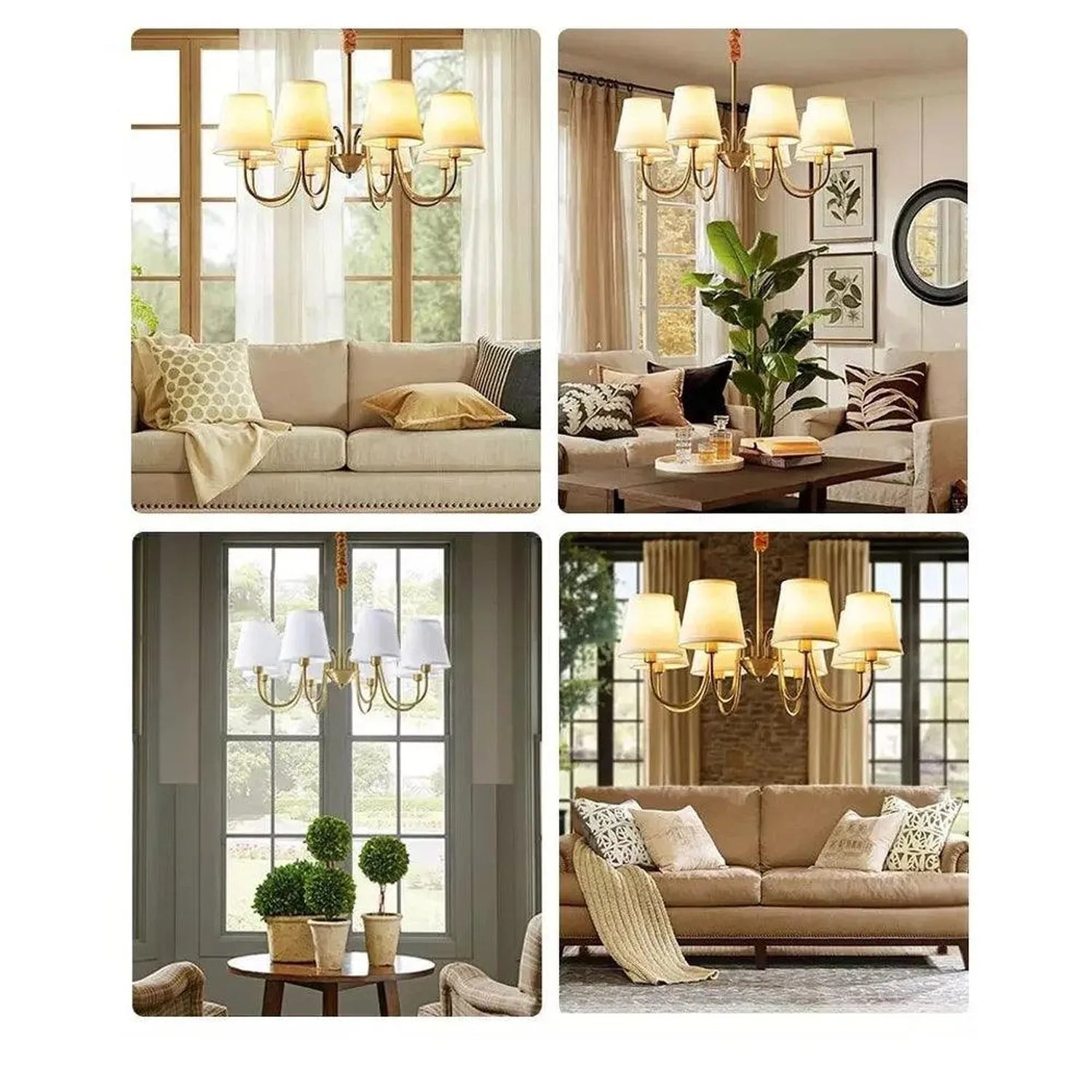 Four interior design scenes showcasing Aurelia Gold 8-light chandelier with cream shades in living rooms and entryways.