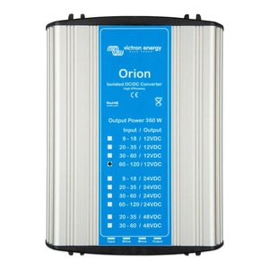 Victron Energy Orion isolated DC/DC converter with metallic ribbed casing and blue label showing multiple input/output voltag