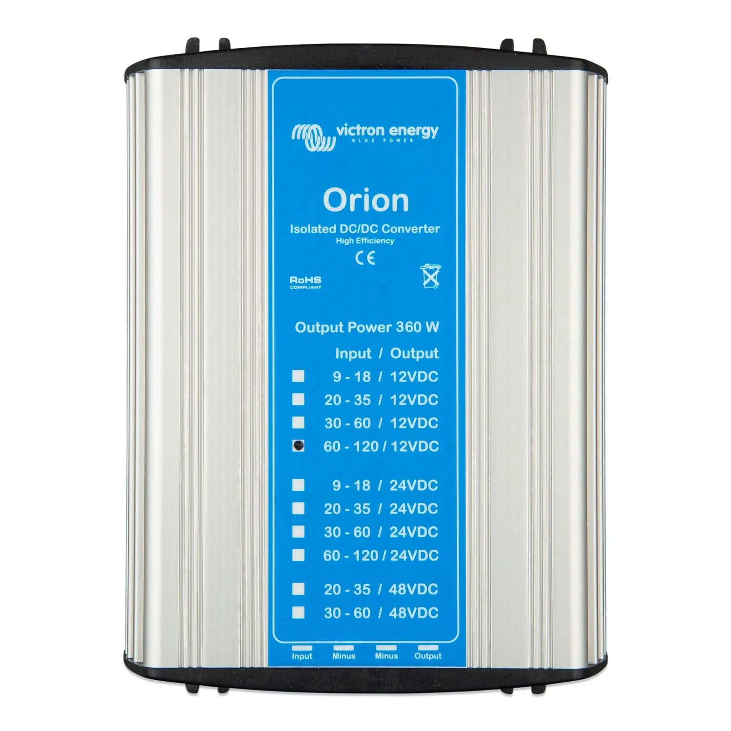 Victron Energy Orion isolated DC/DC converter with metallic ribbed casing and blue label showing multiple input/output voltag