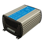 Victron Orion DC-DC converter with aluminum heatsink housing, blue label on top, black ventilation grille on front, wall-moun