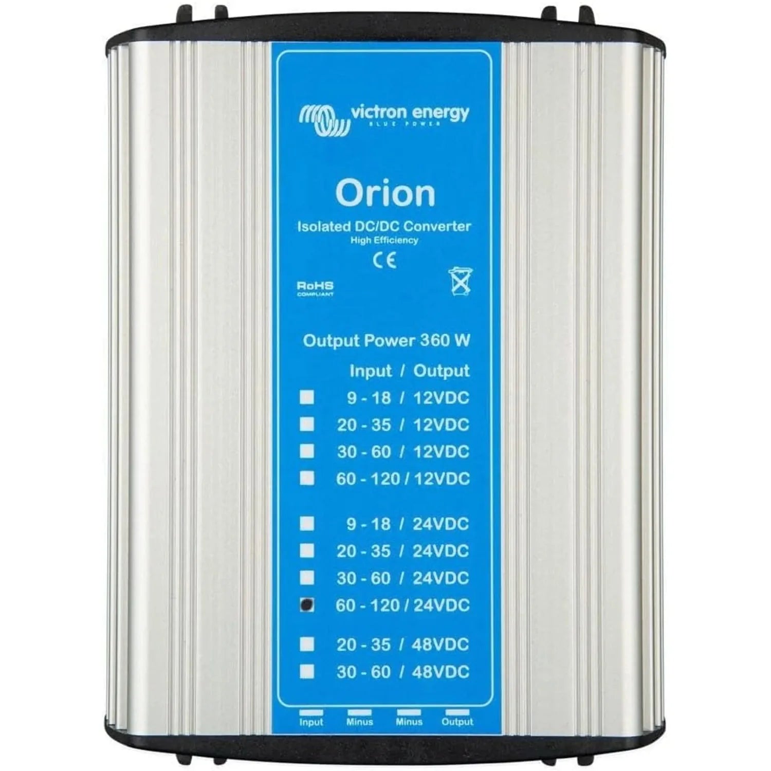 Victron Energy Orion isolated DC/DC converter with blue front panel, 360W output power, silver metal casing, showing multiple