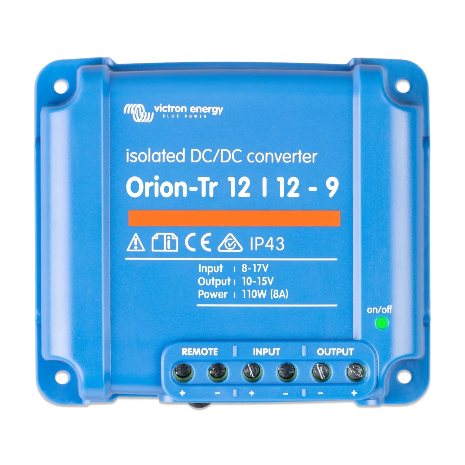 Victron Energy Orion-Tr 12/12-9 isolated DC/DC converter, blue rectangular device with terminal connections and green power i