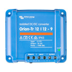 Victron Energy Orion-Tr 12/12-9 isolated DC/DC converter with blue casing, terminal connections, and green power indicator li