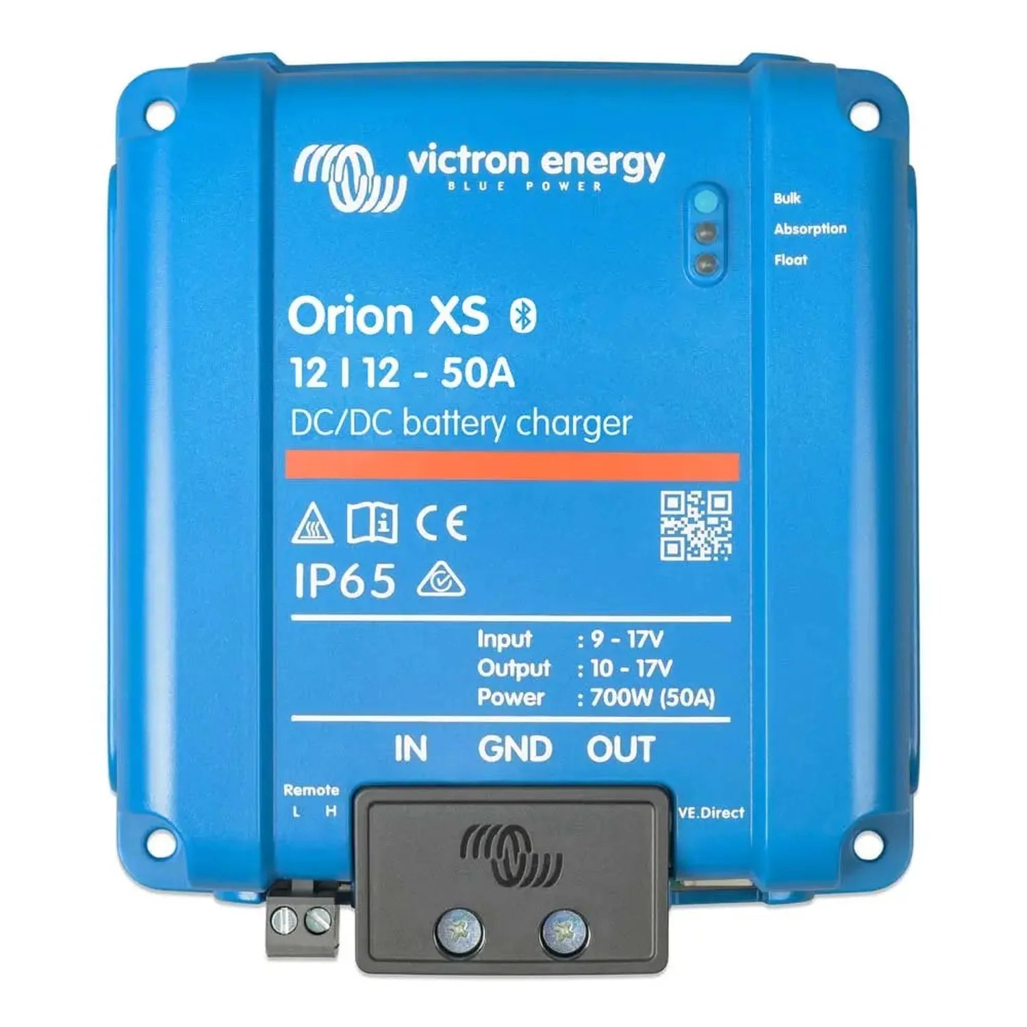 Victron Energy Orion XS 12/12-50A DC/DC battery charger with remote control panel, blue housing with specification labels and