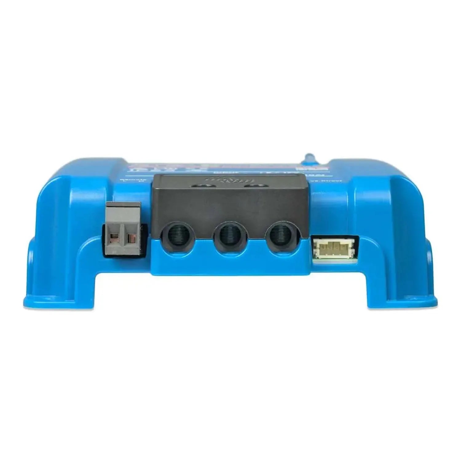 Blue Victron Orion XS DC-DC charger with black control module, power connector on left, USB port on right, and three adjustme