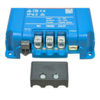 Blue DC-DC battery charger with terminal connections and remote control panel shown separately below.
