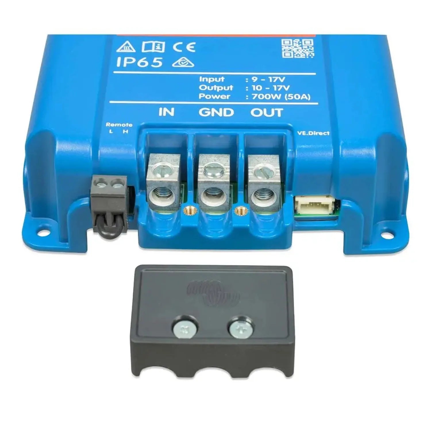 Blue DC-DC battery charger with terminal connections and remote control panel shown separately below.