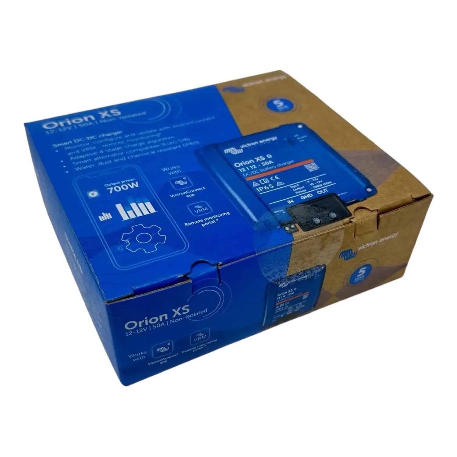 Victron Orion XS 12/12-50A DC-DC charger shown in packaging with product box and blue device visible on top.