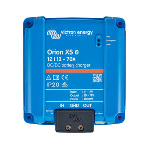 Victron Energy Orion XS 12/12-70A DC/DC battery charger in blue with remote control terminals visible below.