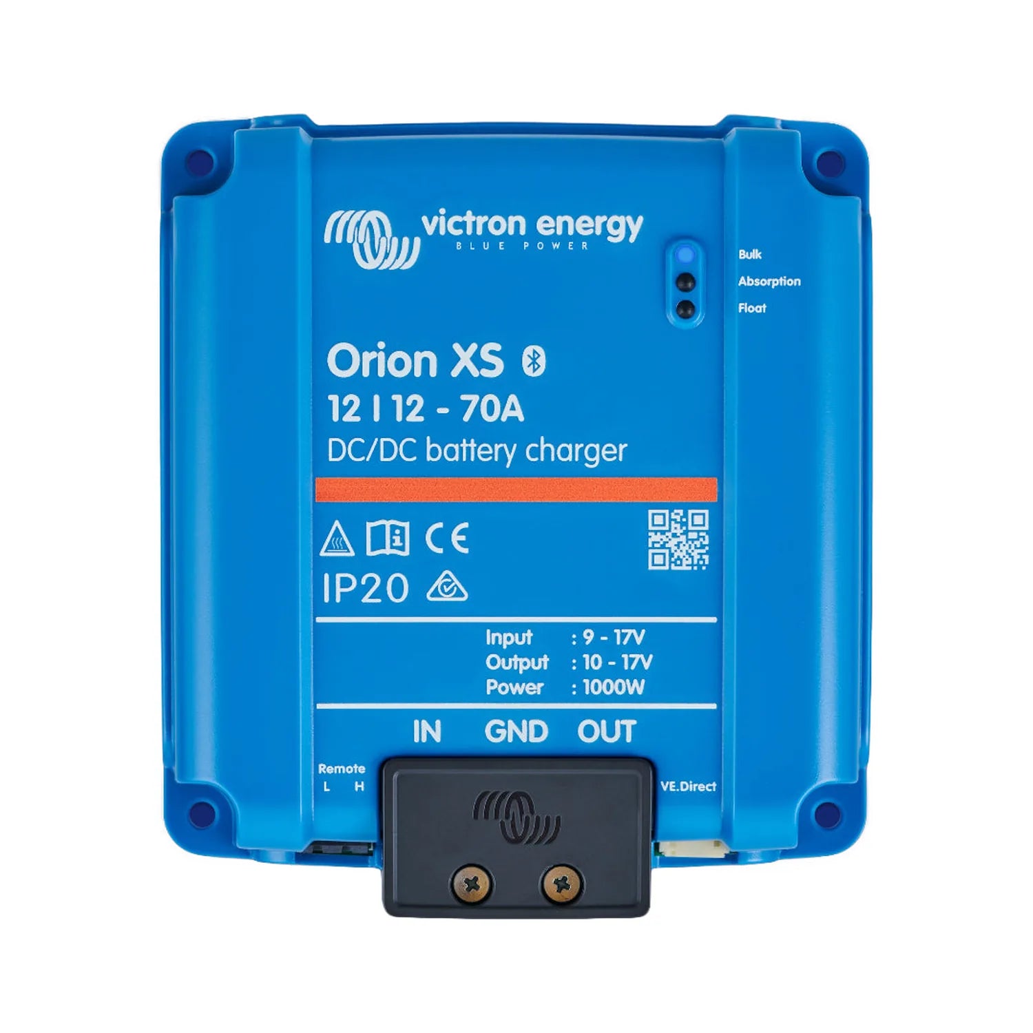 Victron Energy Orion XS 12/12-70A DC/DC battery charger in blue with remote control terminals visible below.