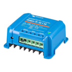Blue Victron Orion-Tr 12/12 isolated DC-DC converter with green terminal block connectors and black heat sink fins visible.