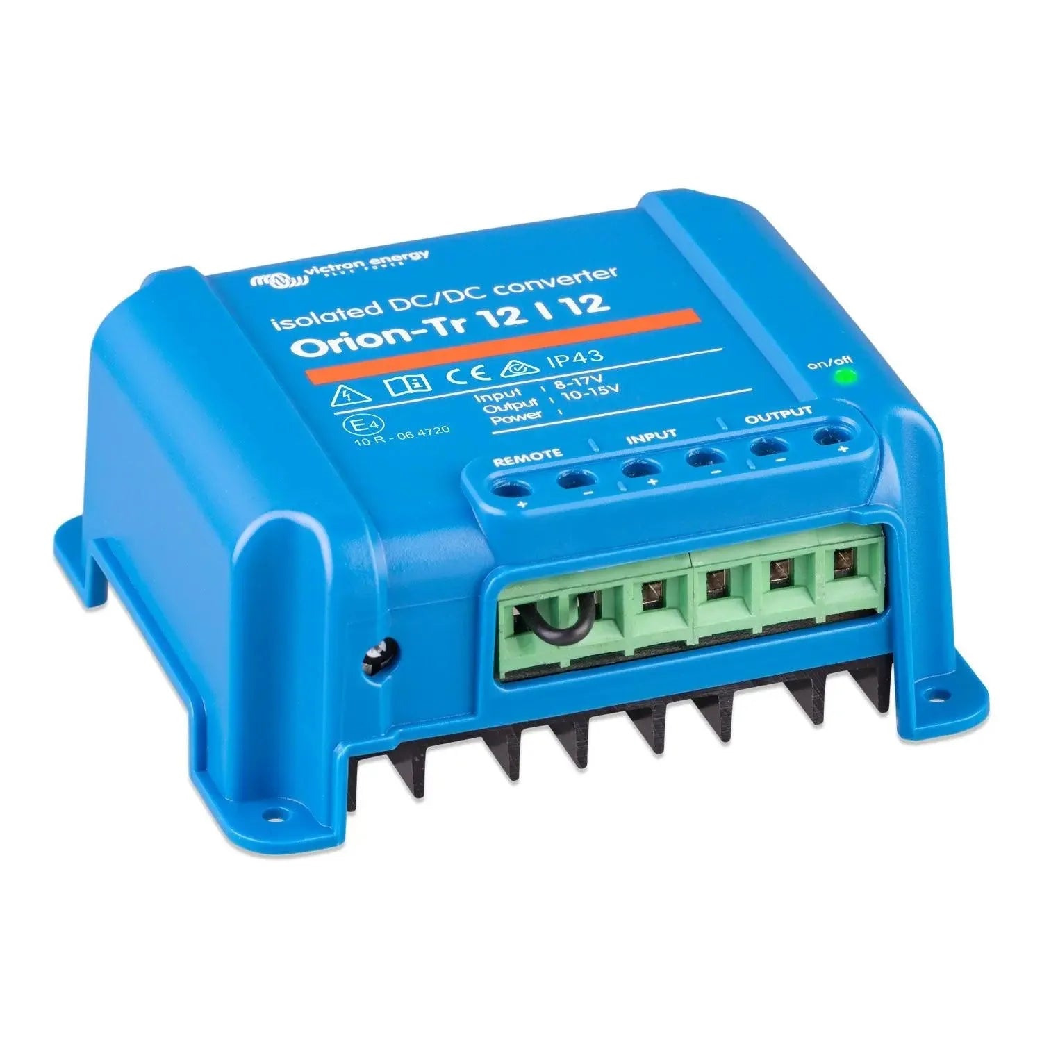 Blue Victron Orion-Tr isolated DC/DC converter with green terminal block connectors and on/off indicator light visible.