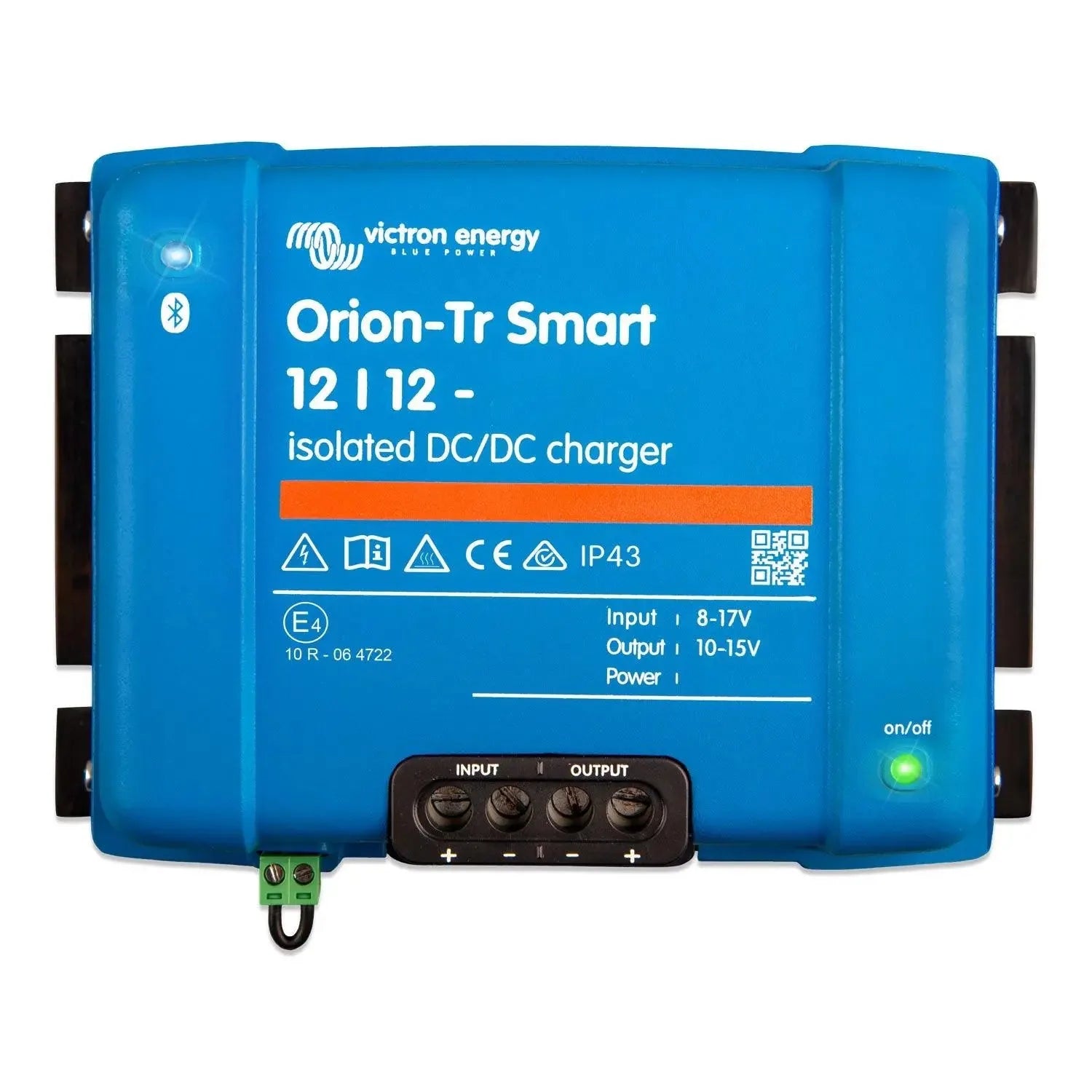 Victron Energy Orion-Tr Smart 12/12 isolated DC/DC charger, blue rectangular device with black control panel and green power 
