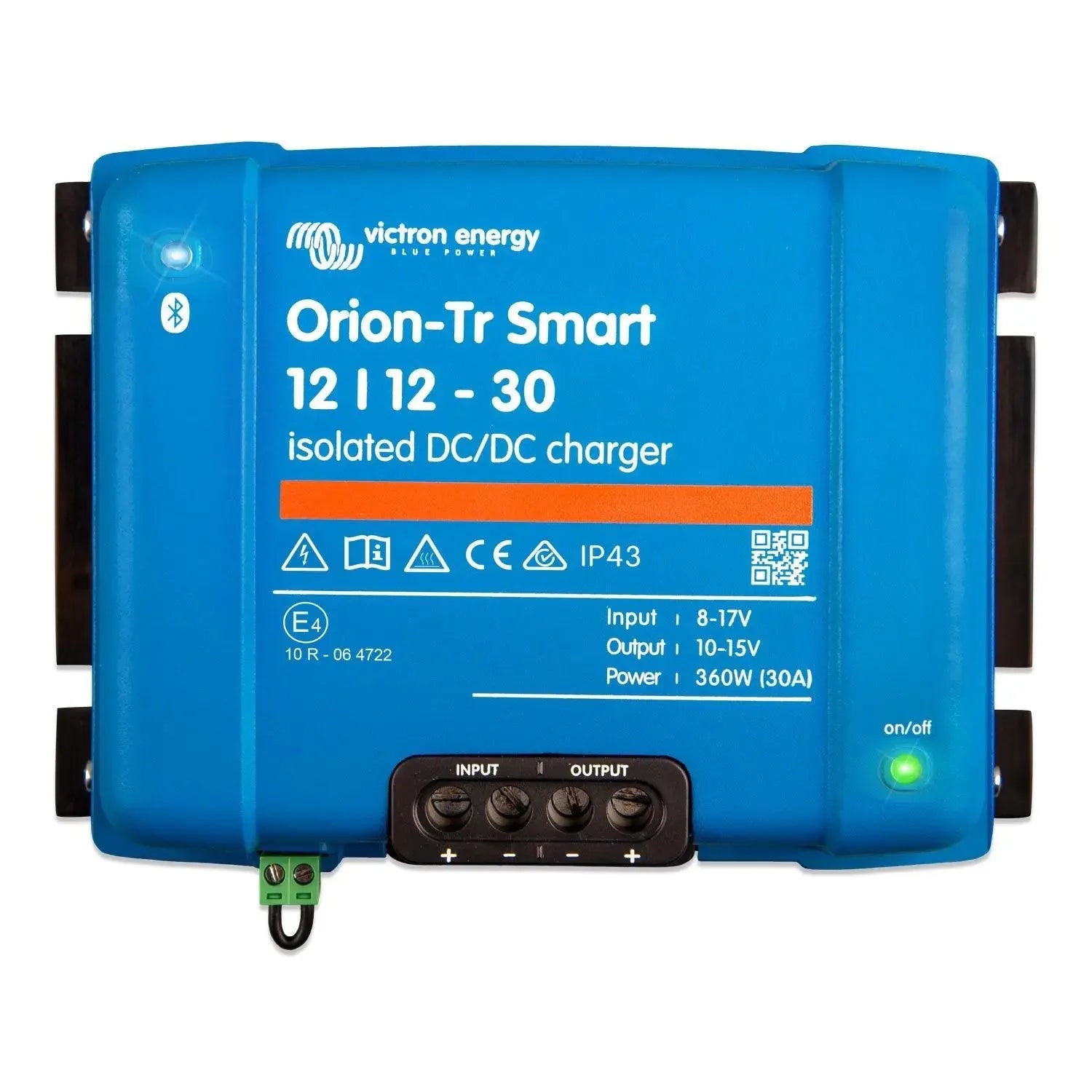 Victron Energy Orion-Tr Smart 12/12-30 isolated DC/DC charger, blue rectangular device with control panel and green LED indic