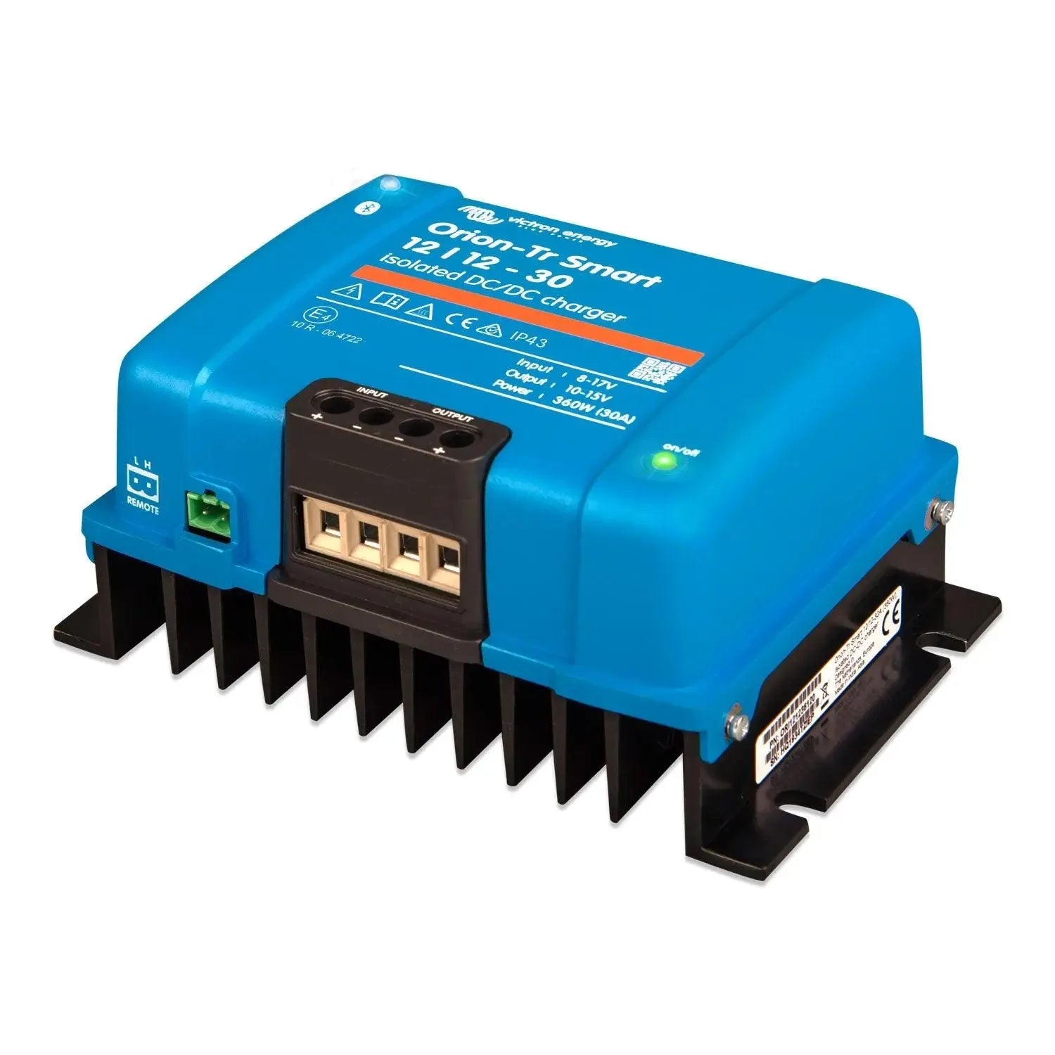 Blue and black Victron Orion-Tr Smart isolated DC-DC charger with heat sink fins and terminal connectors, product shot on whi
