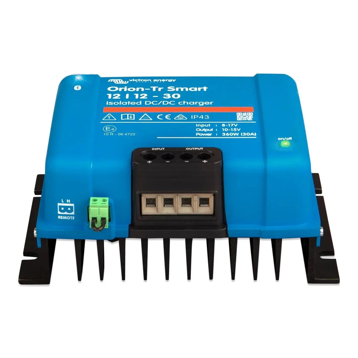 Victron Orion-Tr Smart 12/12-30 blue isolated DC/DC charger with black heat sink fins and terminal connections.