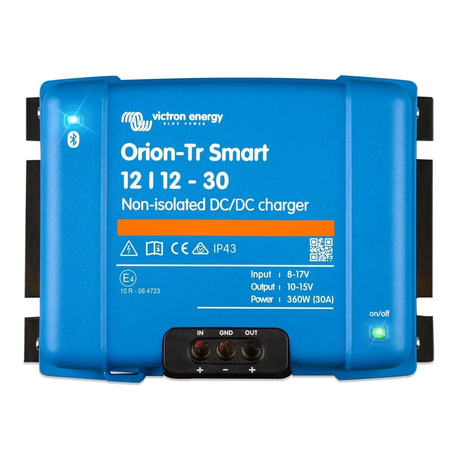 Victron Energy Orion-Tr Smart 12/12-30 non-isolated DC/DC charger, blue rectangular device with three terminal connectors and