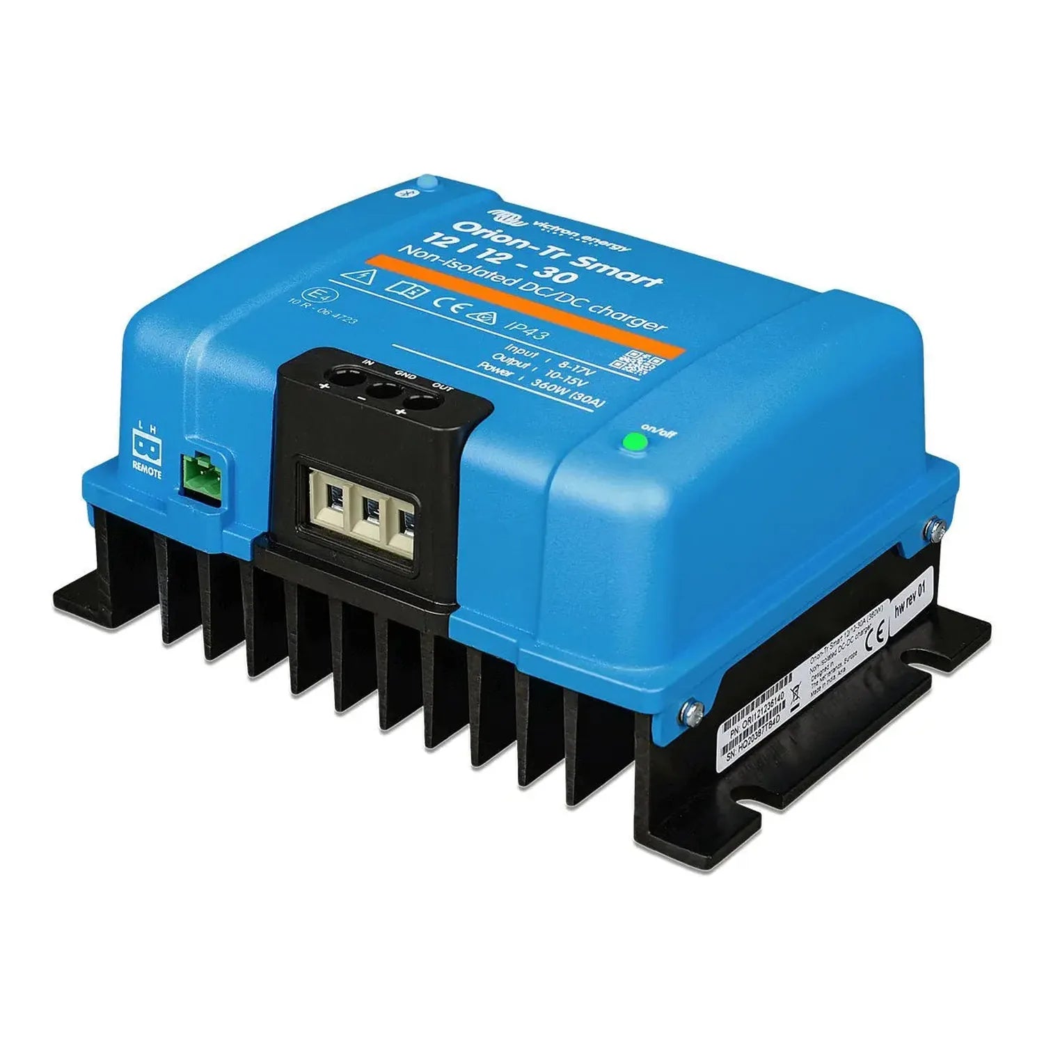 Blue and black Victron Orion-Tr Smart DC-DC charger with finned heatsink, terminal block connectors, and status indicator lig
