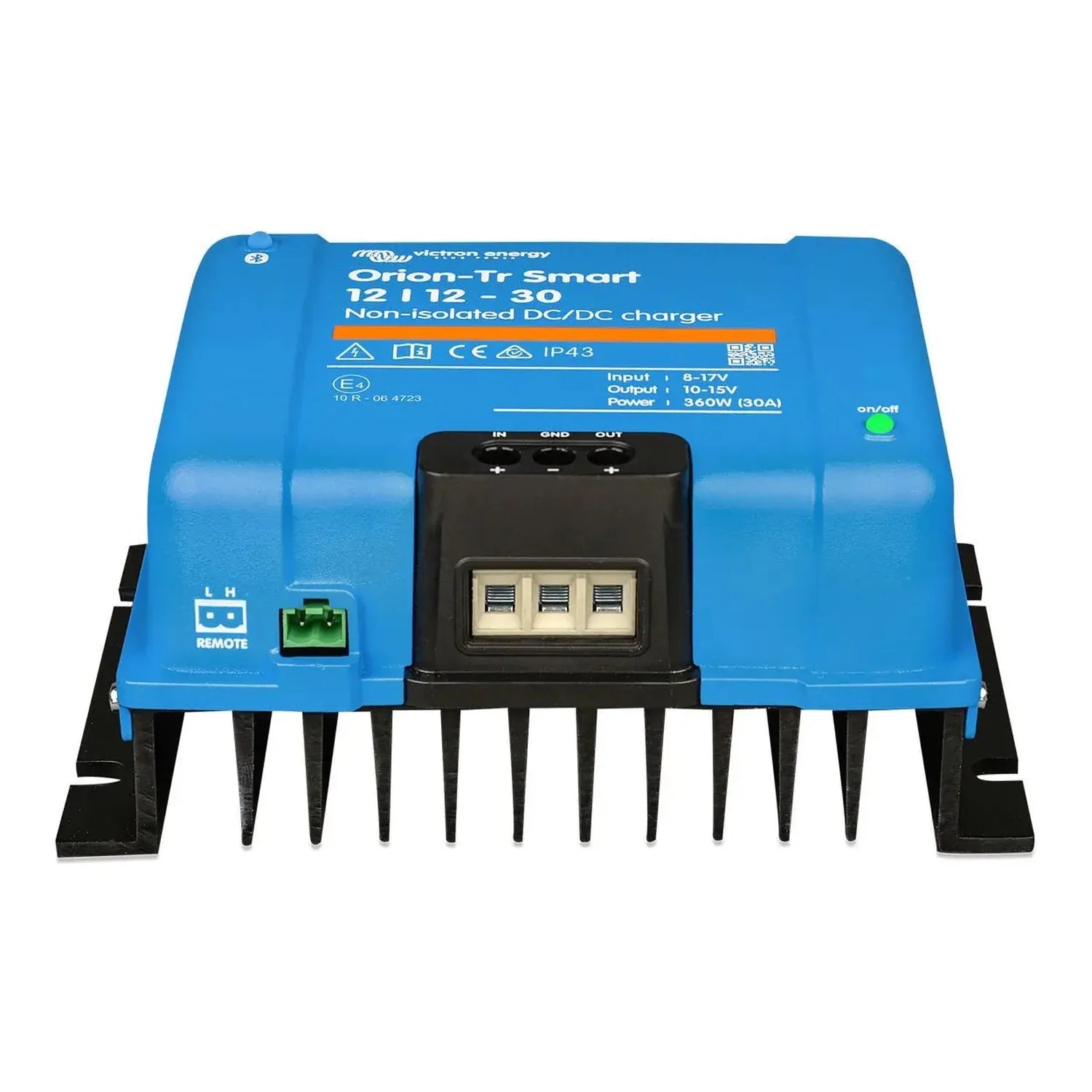 Blue Victron Orion-Tr Smart 12/12-30 non-isolated DC/DC charger with black heatsink fins, terminal block connectors, and on/o