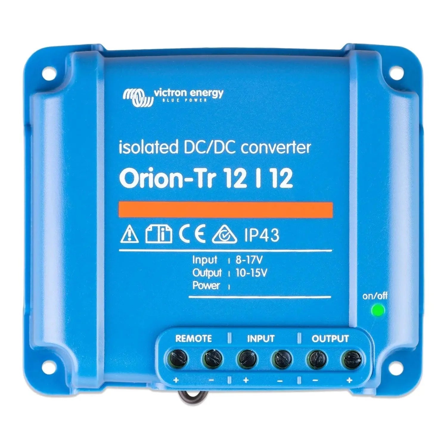 Blue Victron Energy Orion-Tr 12/12 isolated DC/DC converter with terminal connections and on/off indicator light.