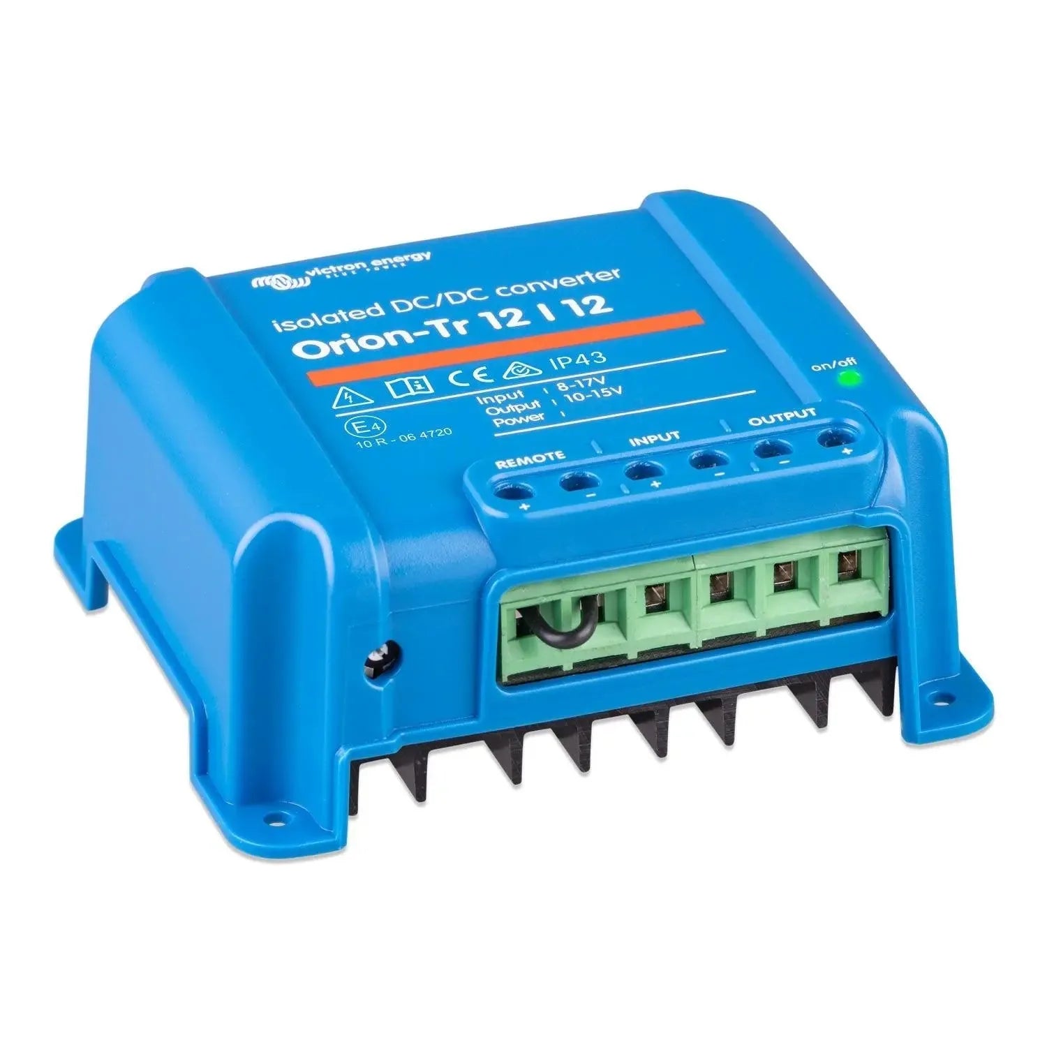 Blue Victron Orion-Tr 12/12 isolated DC/DC converter with terminal blocks and remote control ports visible.