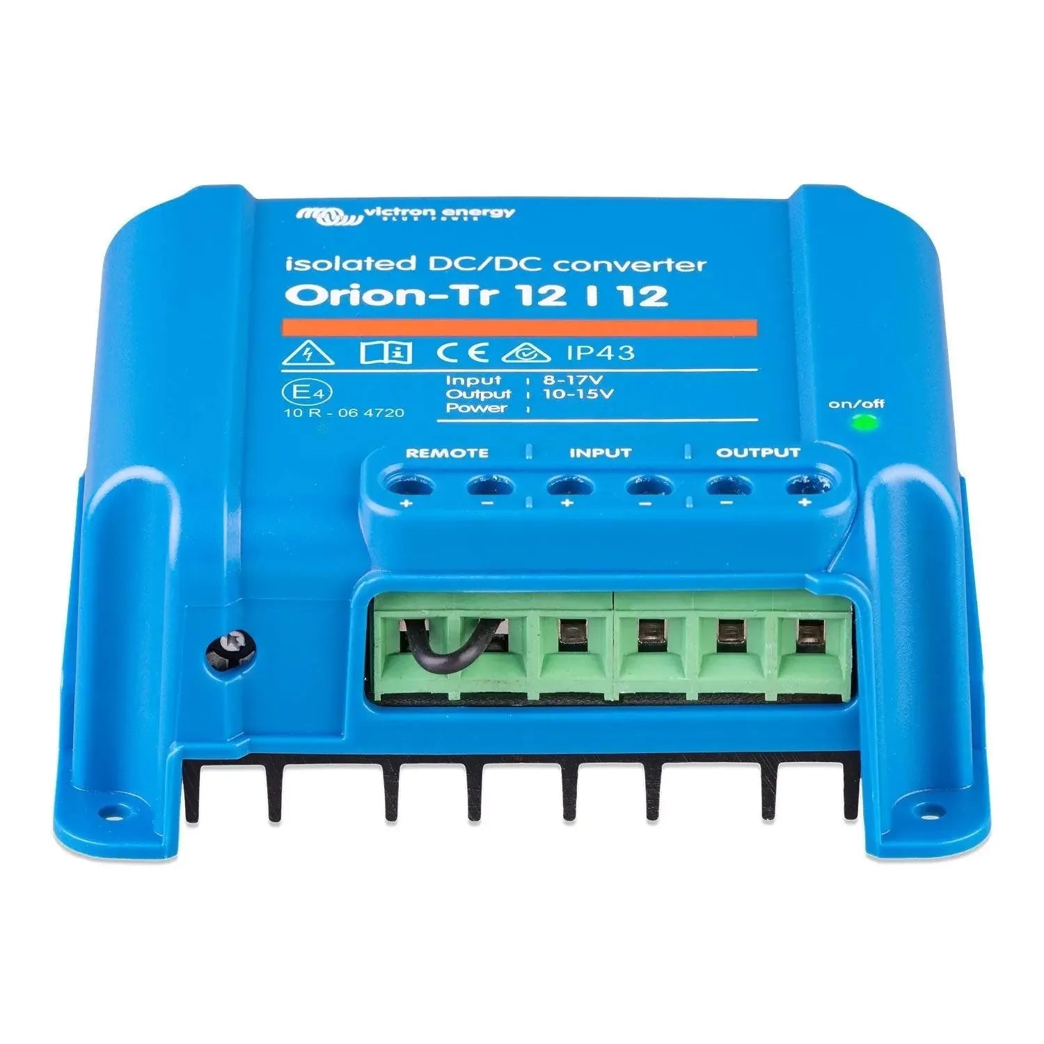Blue Victron Orion-Tr 12/12 isolated DC/DC converter with terminal block connectors and on/off indicator light.