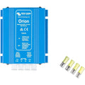 Victron Orion 12/24-8 switchmode DC/DC converter in blue with input and output terminals, displayed with four yellow wire con