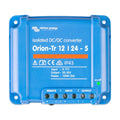 Blue Victron Energy Orion-Tr 12/24-5 isolated DC/DC converter with terminal connections and green power indicator light visib