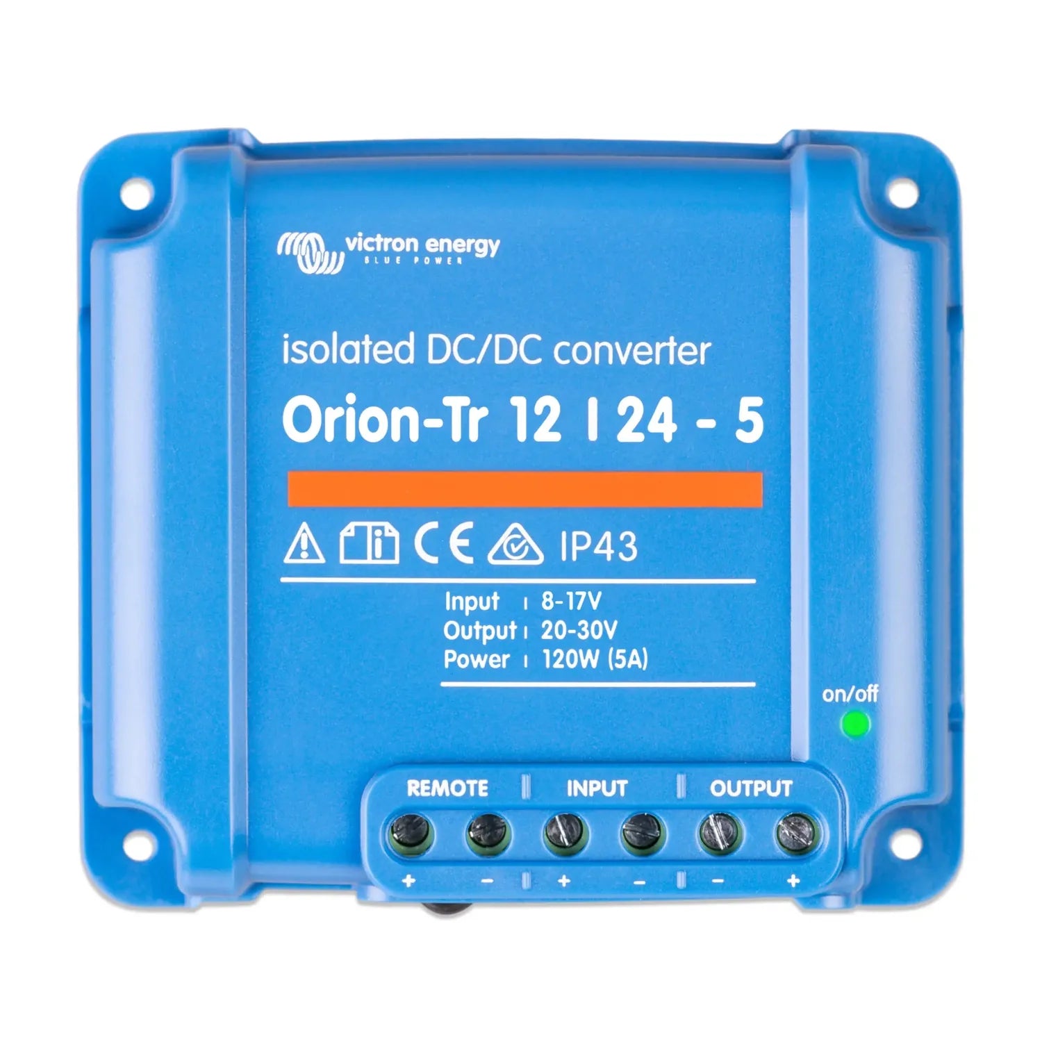Victron Energy Orion-Tr 12/24-5 isolated DC/DC converter, blue rectangular device with terminal block connections and status 
