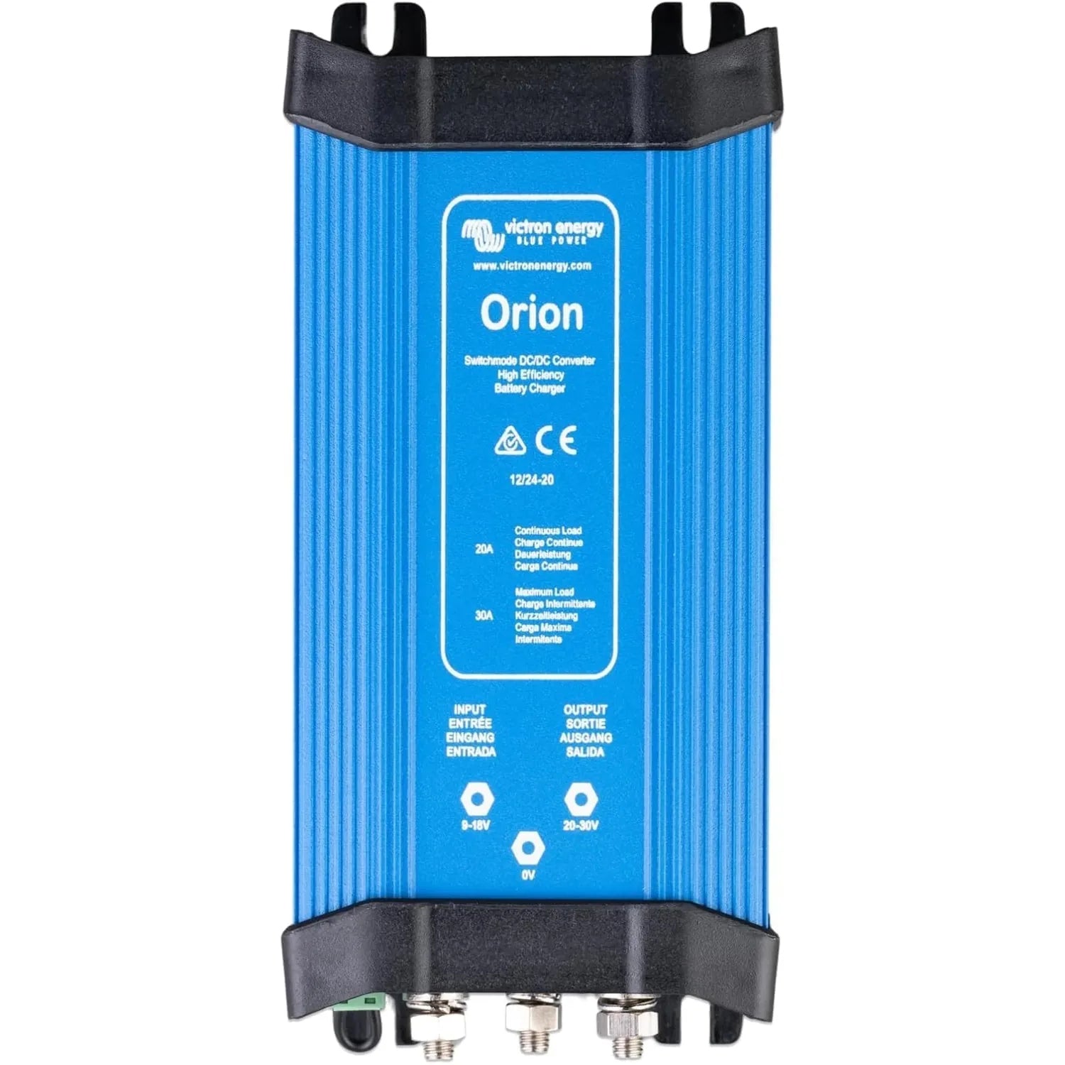 Victron Orion blue DC-DC converter with black end caps, front face showing input and output terminals and specifications labe