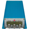 Blue finned power converter with three labeled terminals: 12VDC Input, GND, and 24VDC Output, plus indicator light.