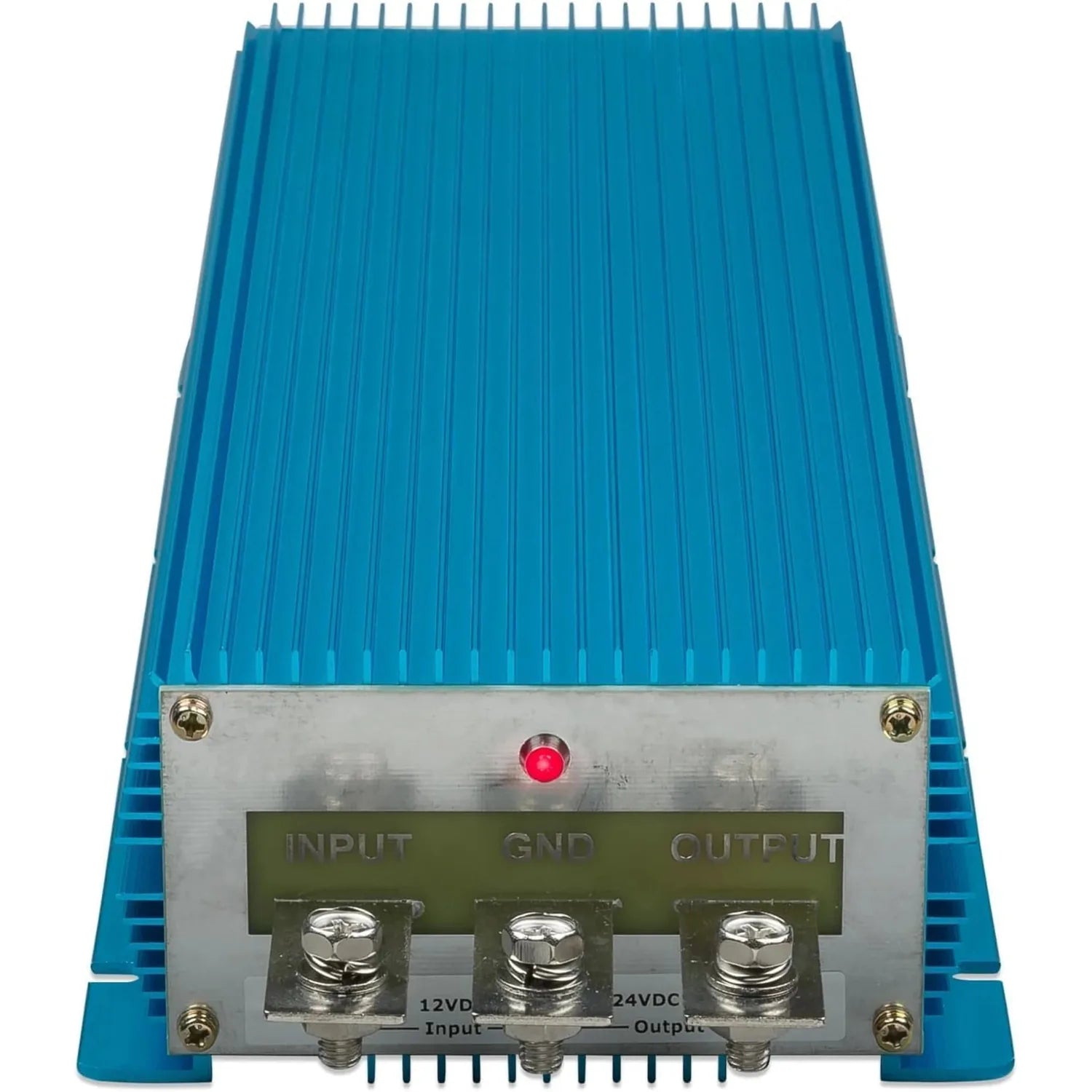 Blue finned power converter with three labeled terminals: 12VDC Input, GND, and 24VDC Output, plus indicator light.