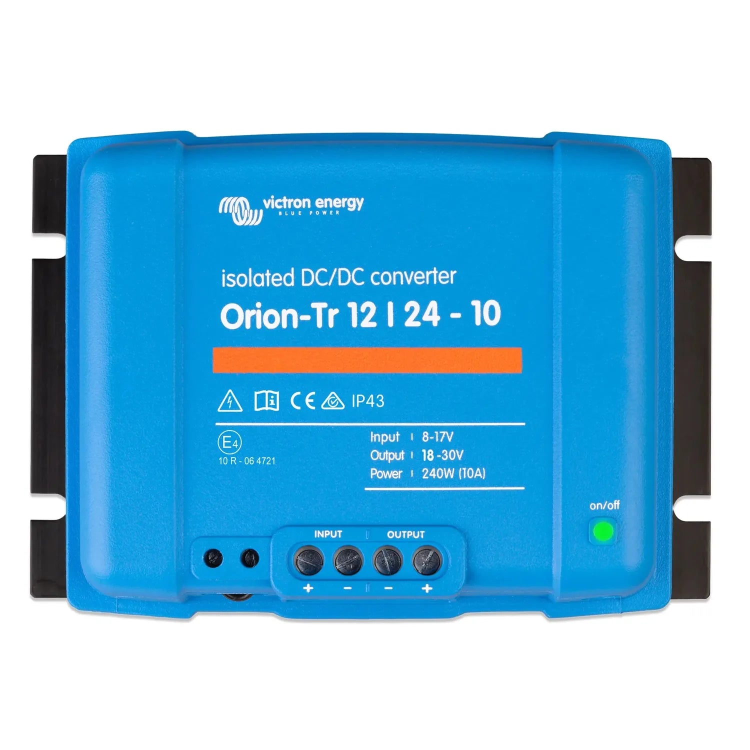 Victron Energy Orion-Tr 12/24-10 isolated DC/DC converter, blue device with black terminals and green power indicator light.
