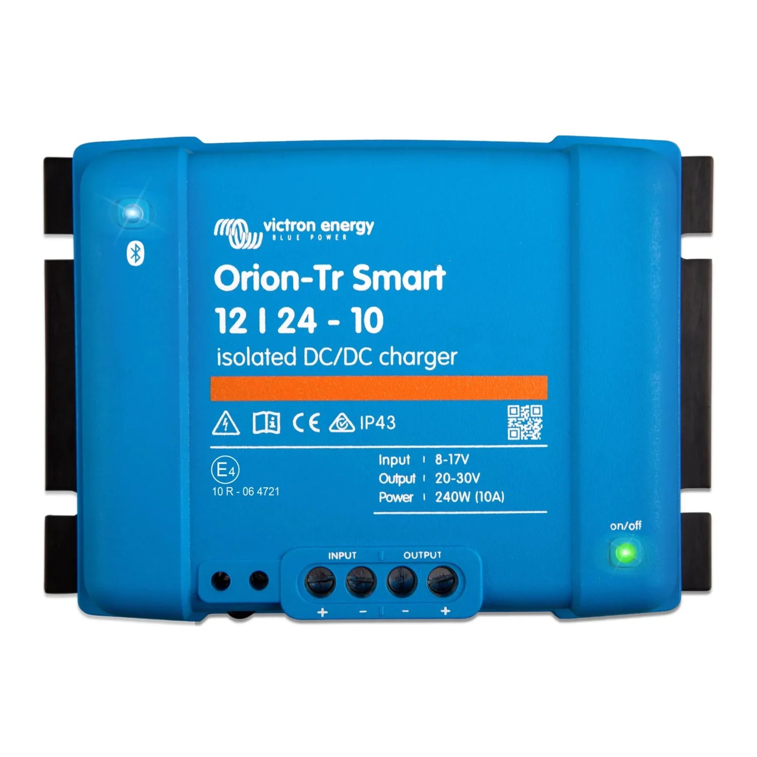 Victron Energy Orion-Tr Smart 12/24-10 isolated DC/DC charger, blue rectangular device with input/output terminals and on/off
