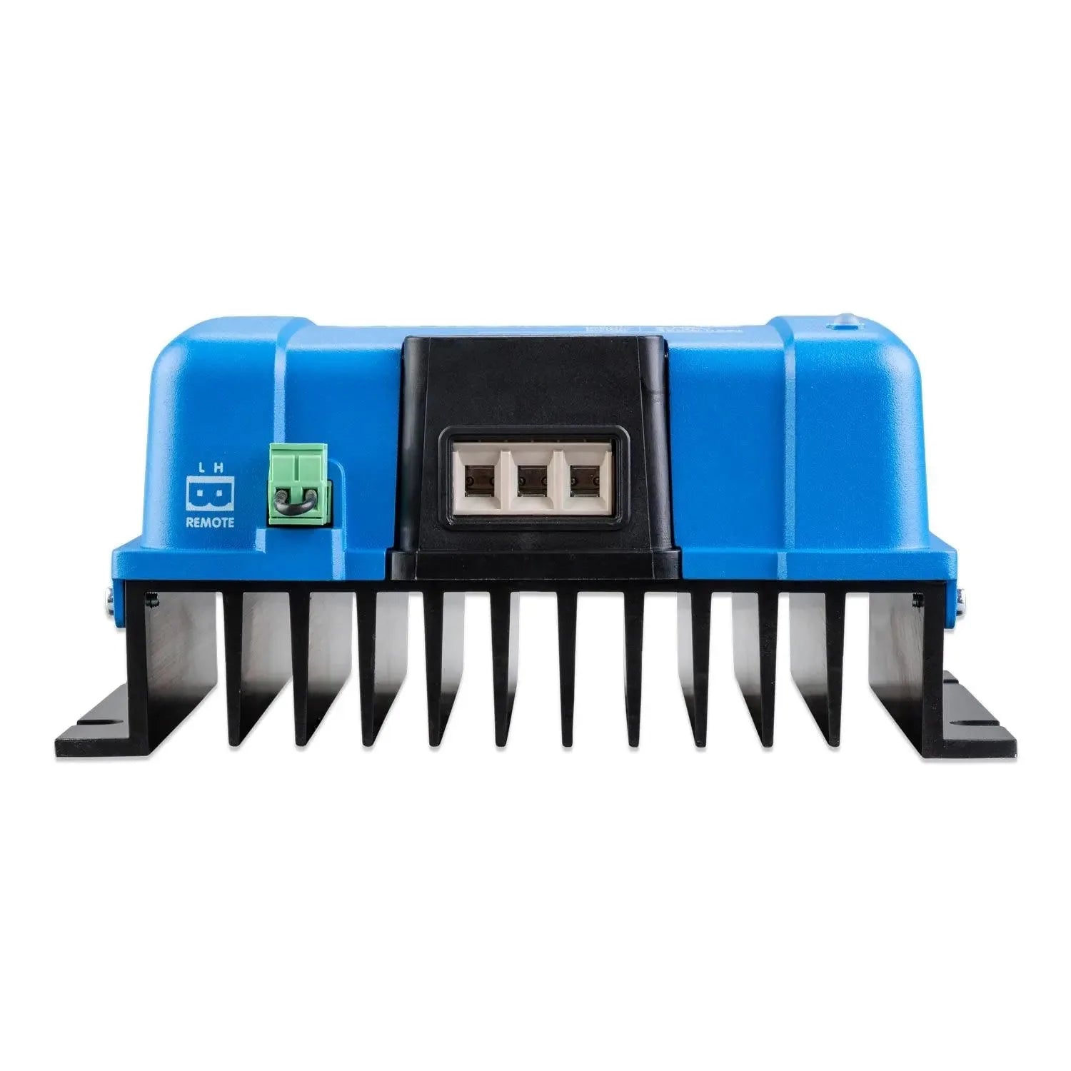 Blue and black Victron Orion-Tr Smart DC-DC charger with remote terminal, three-port connector block, and black heat sink fin