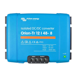 Victron Energy Orion-Tr 12/48-8 isolated DC/DC converter, blue device with input/output terminals and on/off indicator light.