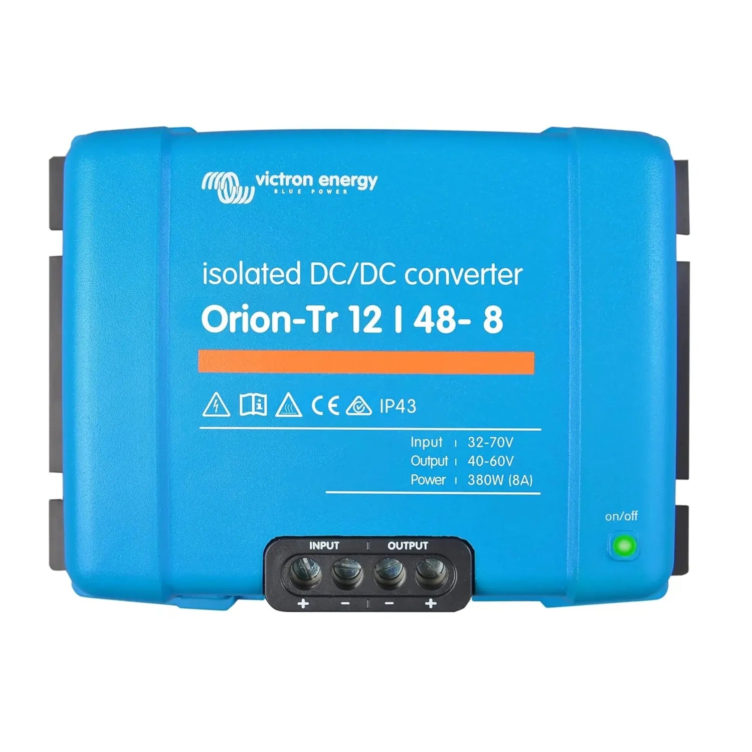 Victron Energy Orion-Tr 12/48-8 isolated DC/DC converter, blue device with input/output terminals and on/off indicator light.