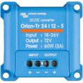 Blue DC/DC converter with four terminal connectors labeled Input and Output, specifications printed on front panel.